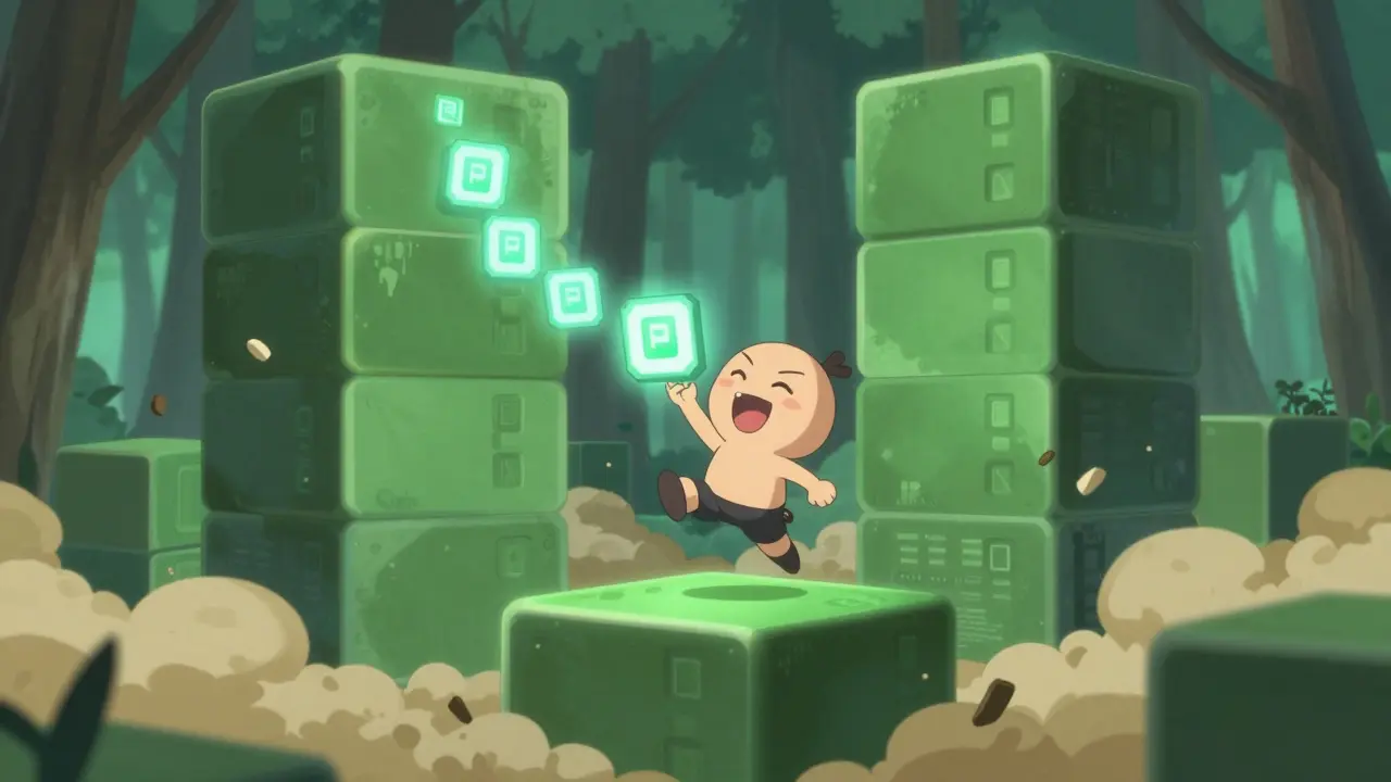 A small character leaps through blockchain blocks, holding only a header while using a trail of floating hashes to verify a transaction.