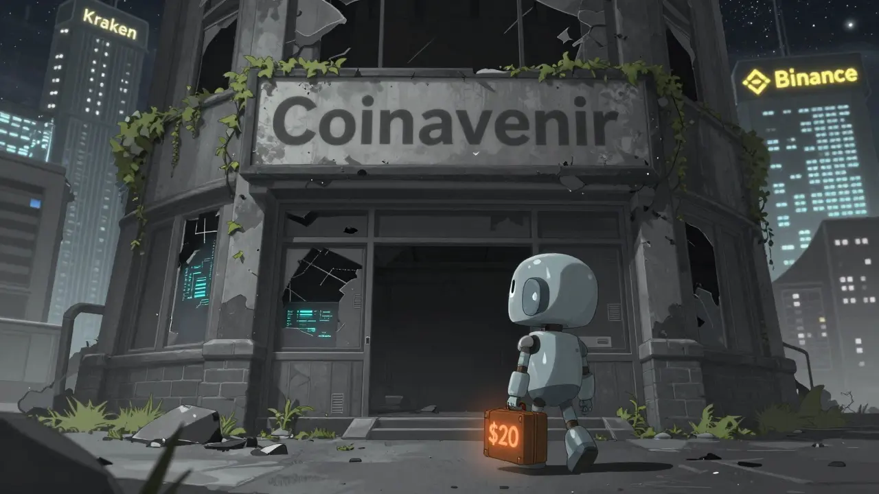 A small robot walks away from a crumbling Coinavenir building toward shining rival exchanges under a starry sky.