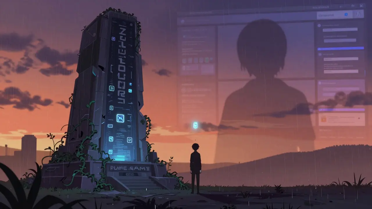 A solitary figure facing a ruined RUNE.GAME monument as fading NFTs drift away into darkness.