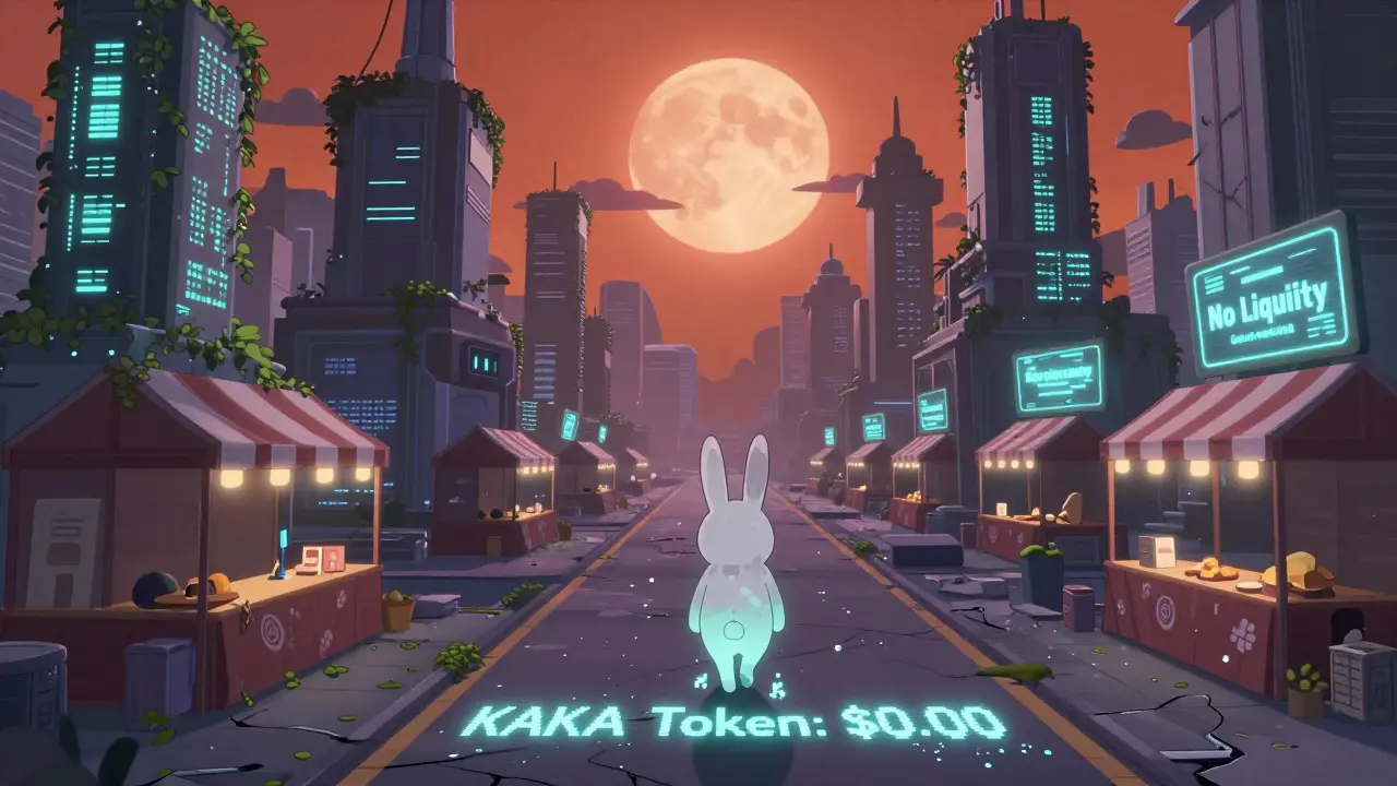An abandoned digital metaverse city lies silent under a blood-orange moon, with a lone rabbit NFT walking down a fading road marked '<h2>What Should You Do Right Now?</h2>.00'.