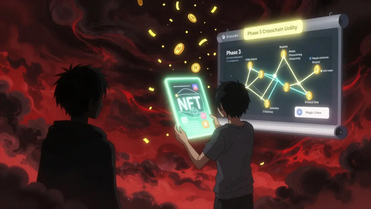 An artist receives ME token rewards as their NFT uploads, with volatility and growth symbols in the background.