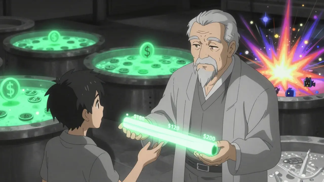 An elder hands a young trader a glowing liquidity range bar for Uniswap V3, with stablecoin pools glowing peacefully in the background.