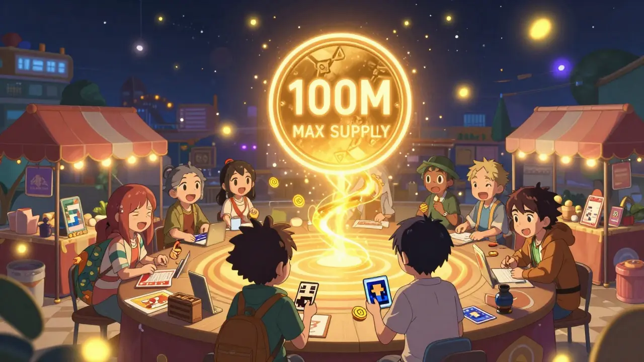 Anime characters trading NFTs in a circular marketplace, golden NEFTY tokens rising like fireflies.