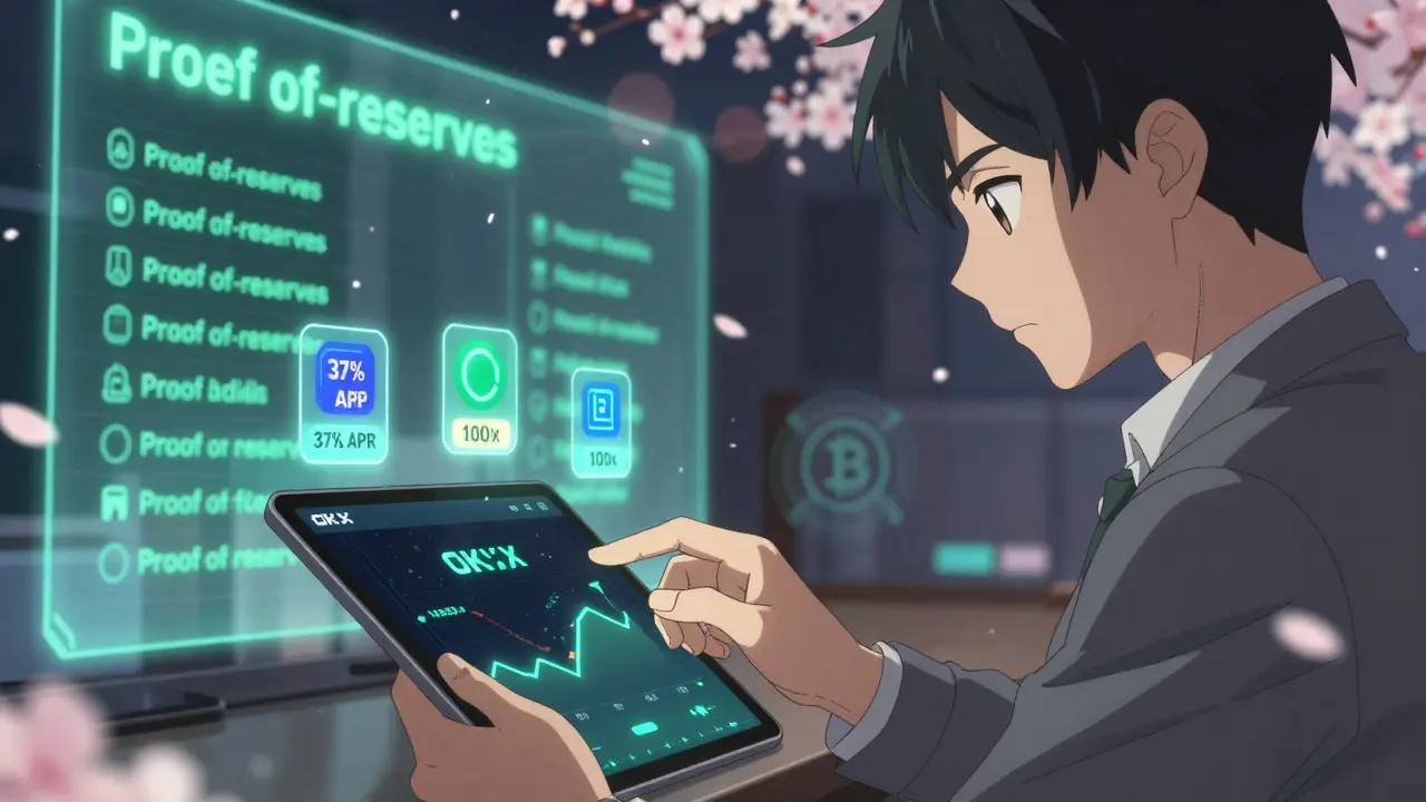 Close-up of hands using the OKX app with staking rewards, leverage tags, and SKDJ indicator floating around a glowing tablet.