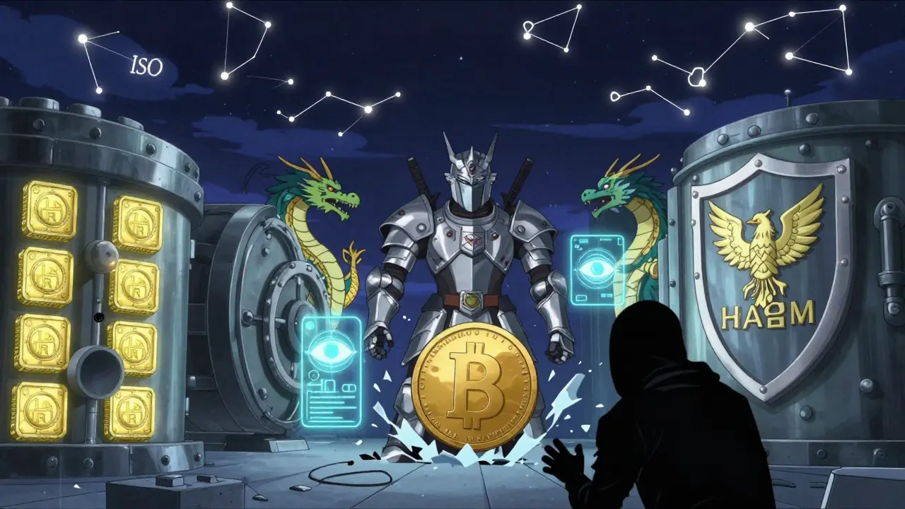 Coinone's security features shown as magical armor protecting a KRW vault from cyber threats.