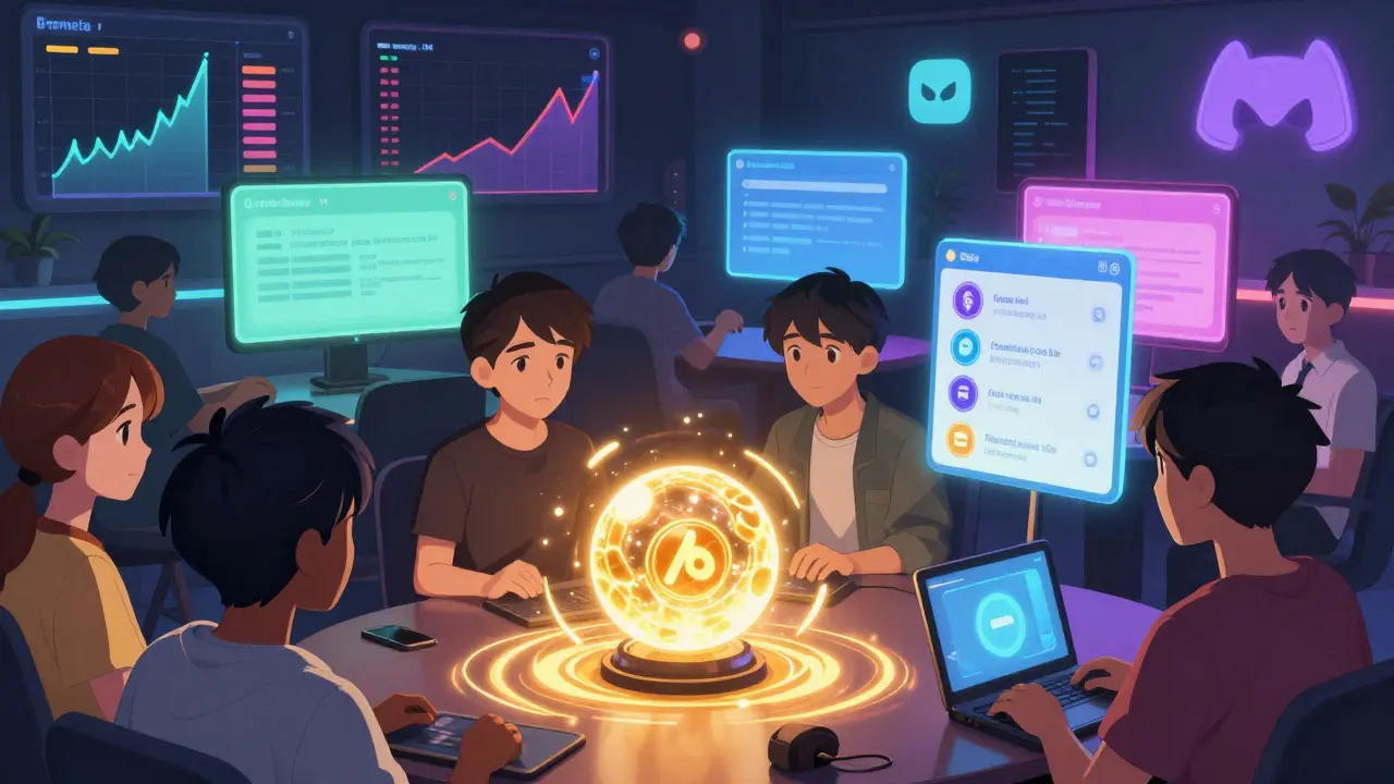 Collectors staking ME tokens and voting on proposals in a vibrant virtual Discord lounge.