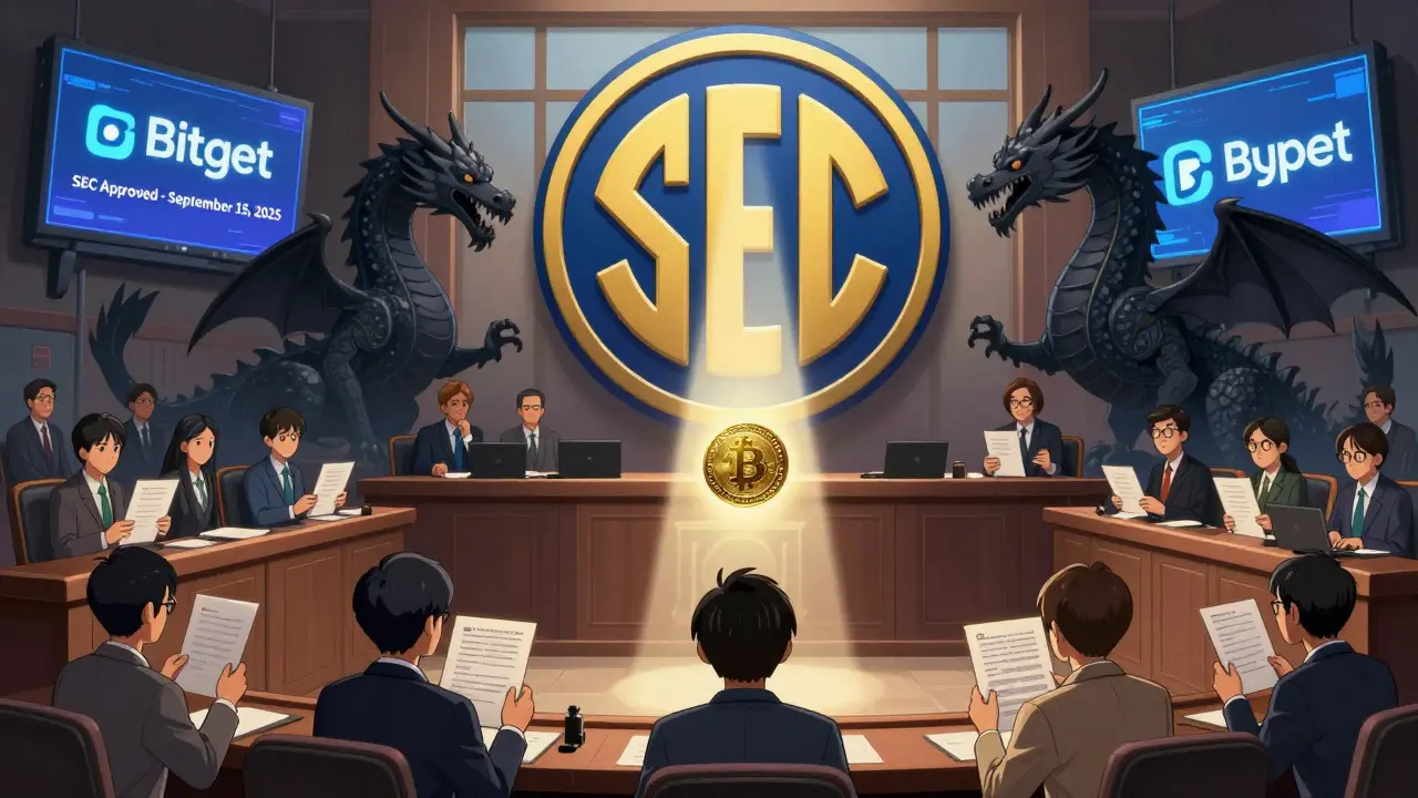 Courtroom with SEC emblem towering over users and corporate dragons over a recovered token