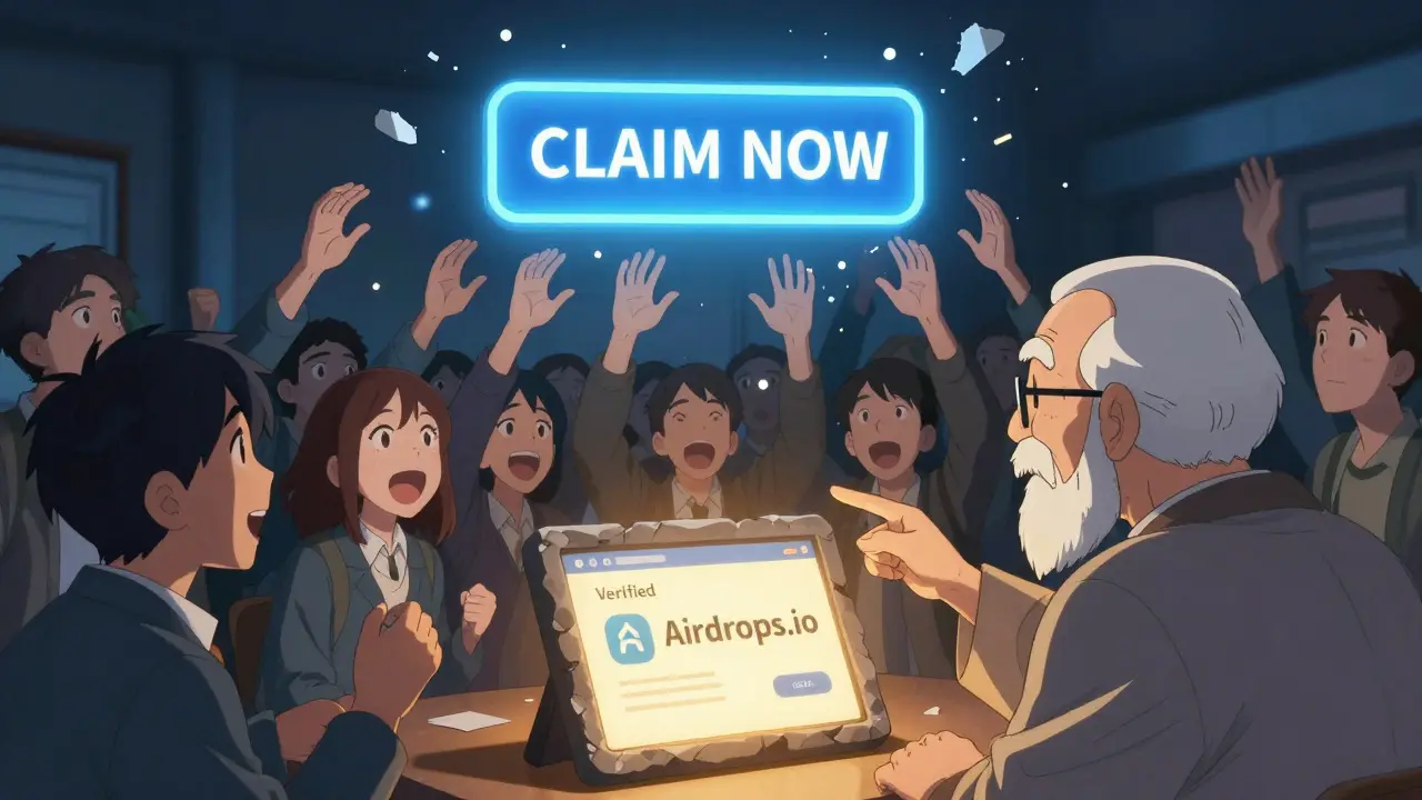 Crowd reaches for a fake claim button that disintegrates, while a wise figure points to a trusted airdrop website.