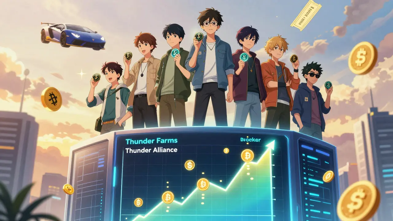 Crypto holders atop a blockchain tower receiving staking rewards with a Lamborghini floating above.