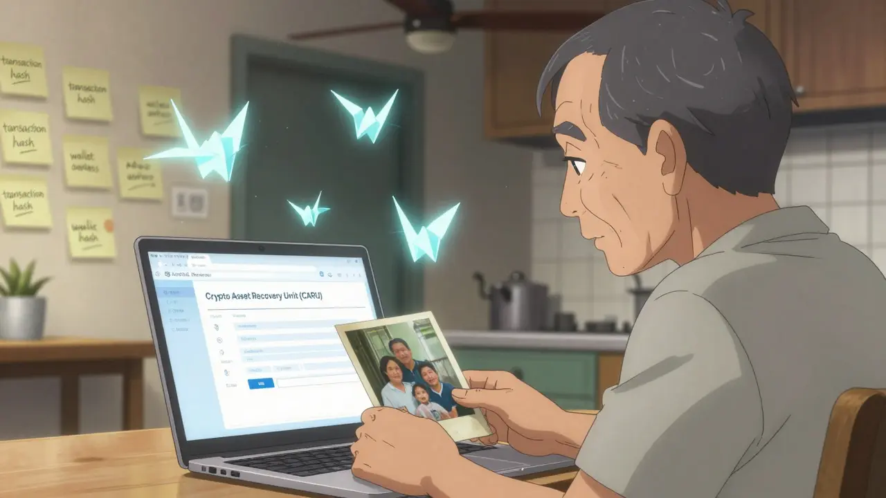 Elderly man staring at failed crypto recovery form with floating blockchain hashes