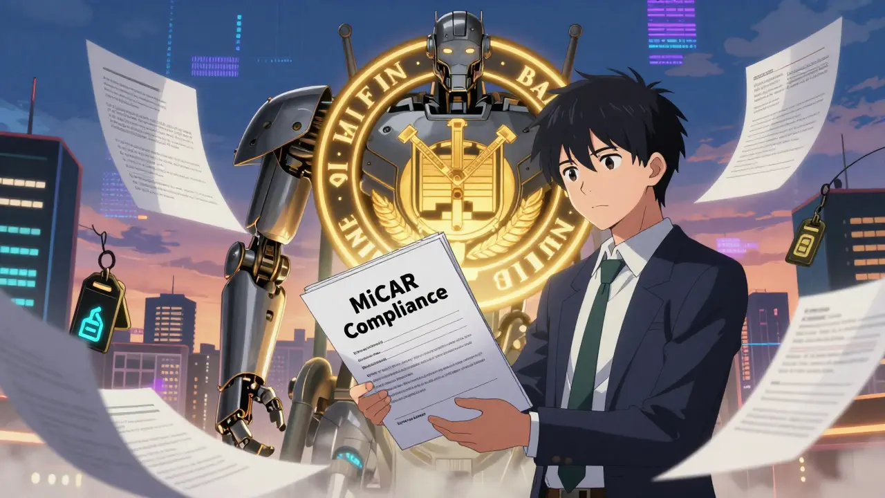 Entrepreneur submitting compliance dossier to a glowing BaFin emblem surrounded by legal documents and crypto keys.