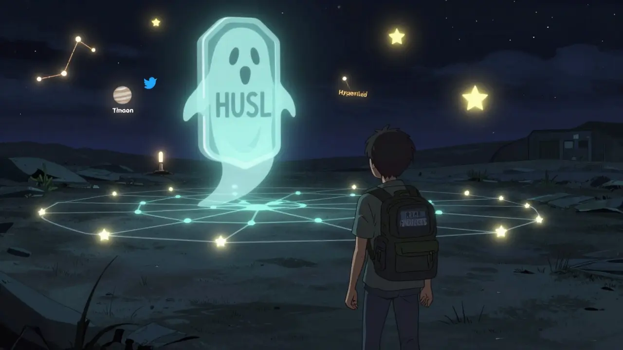Ghostly HUSL token above an empty blockchain, protagonist walks away toward verified crypto projects in the distance.