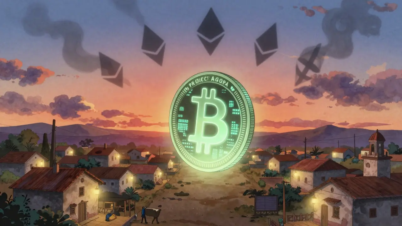 Government digital peso coin illuminating a rural village as private crypto symbols fade into smoke.