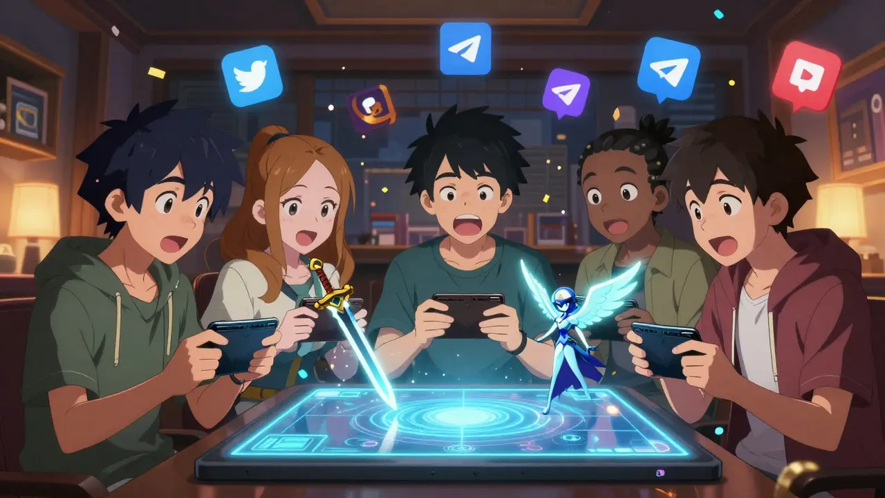 Group of players excitedly viewing NFT rewards on a holographic screen with social media icons around them.