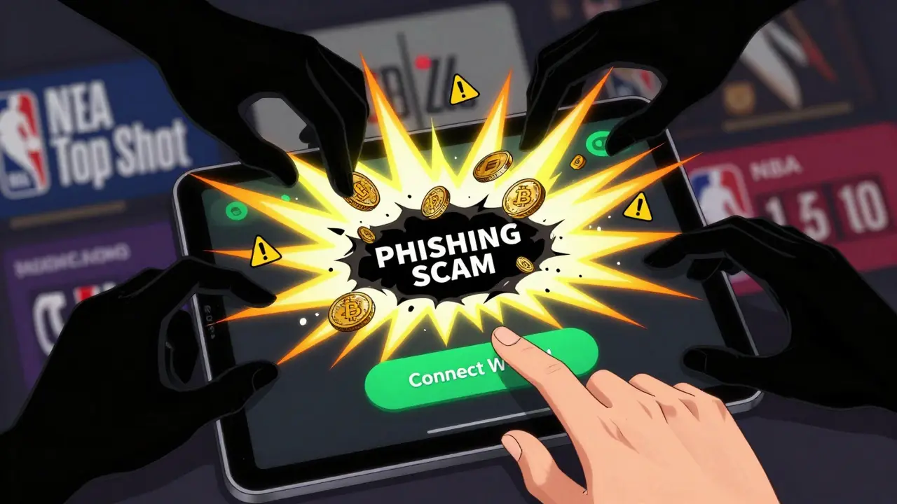 Hand hesitating over a wallet connect button, shadowy hands pulling coins into a phishing black hole.