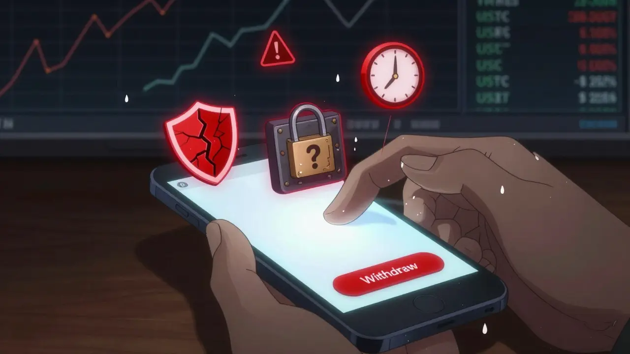Hand hesitating over a withdraw button with red warning symbols floating around a smartphone.