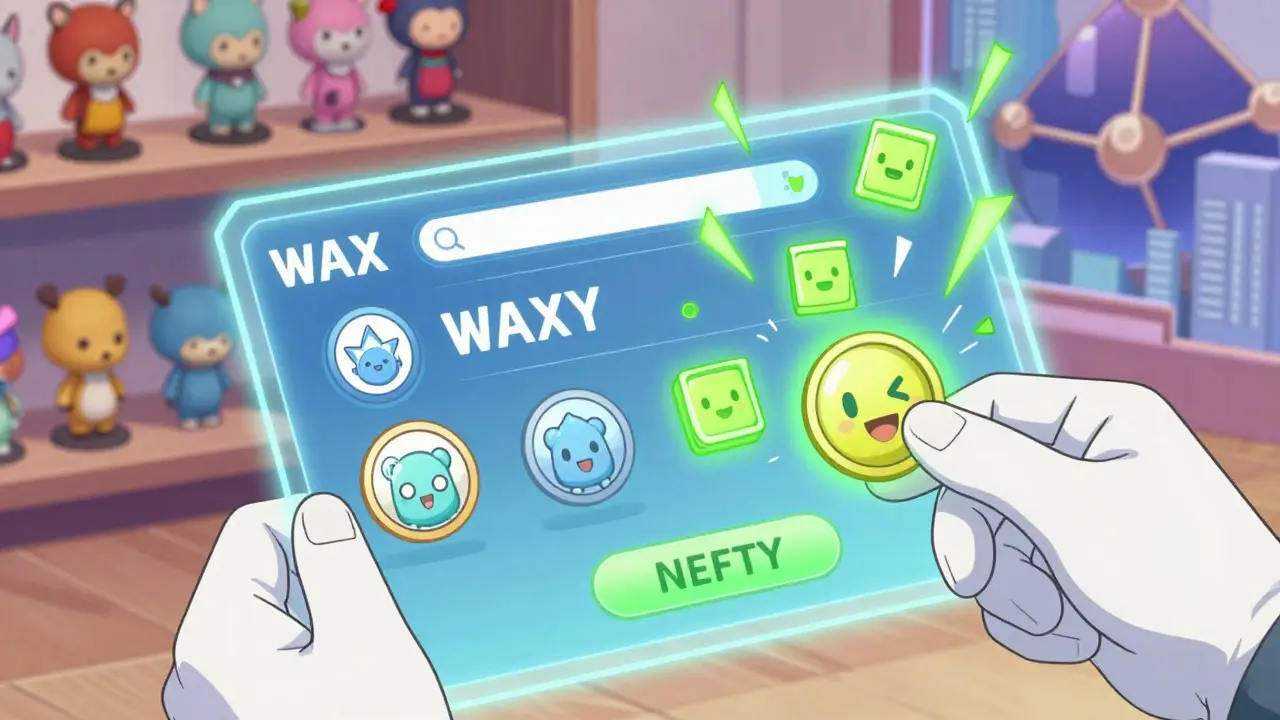 Hands swapping WAX for NEFTY tokens on a holographic wallet, NEFTY coins flying out as rewards.