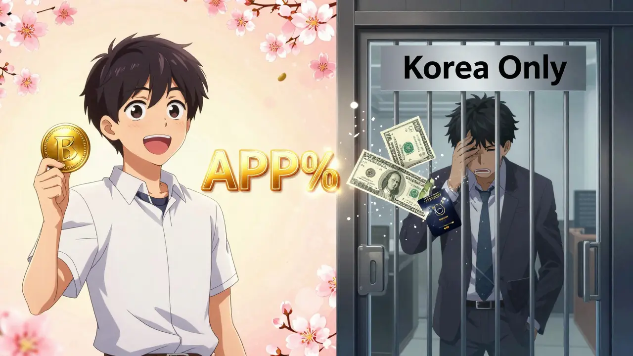 Korean user staking crypto happily while international trader is barred from entering.