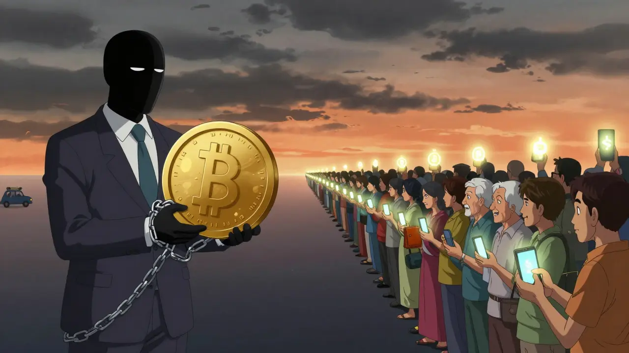 Ordinary Nepalis hold crypto wallets against a faceless bank official, light spreading from their devices as storm clouds part behind them.