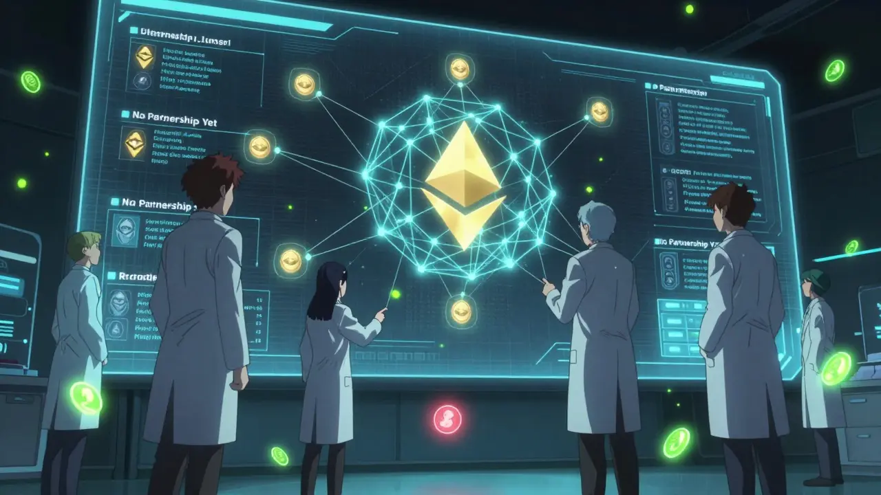 Scientists observe a holographic network of patient consent nodes connected by glowing threads in a research lab.