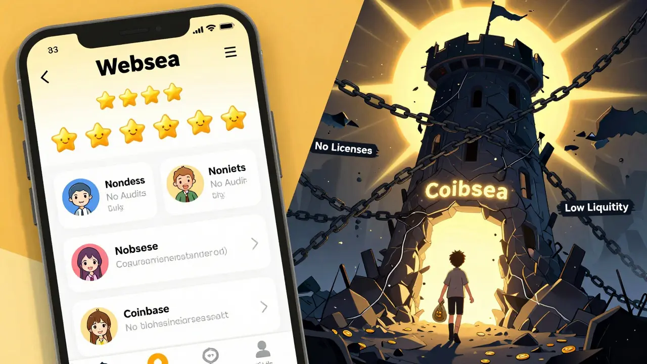 Split scene: cheerful Websea app on left, crumbling tower on right, user walking toward a safer exchange.
