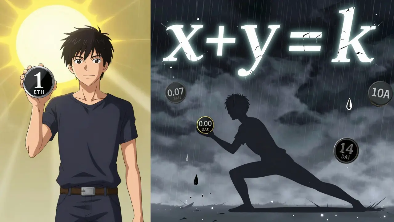 Split scene: one side shows full ETH and DAI holdings under sunlight, the other shows reduced shares under stormy skies with a glowing x*y=k formula.