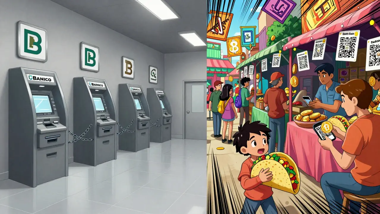 Split scene: sterile bank with blocked ATMs vs. vibrant street market trading crypto in cel-shaded anime.