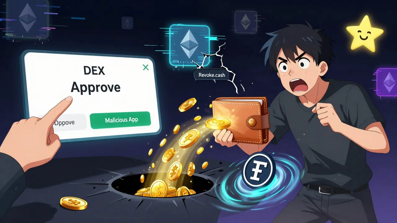 Split scene: user approving a malicious app vs. their wallet being drained by dark code streams, with a fading Revoke.cash icon.
