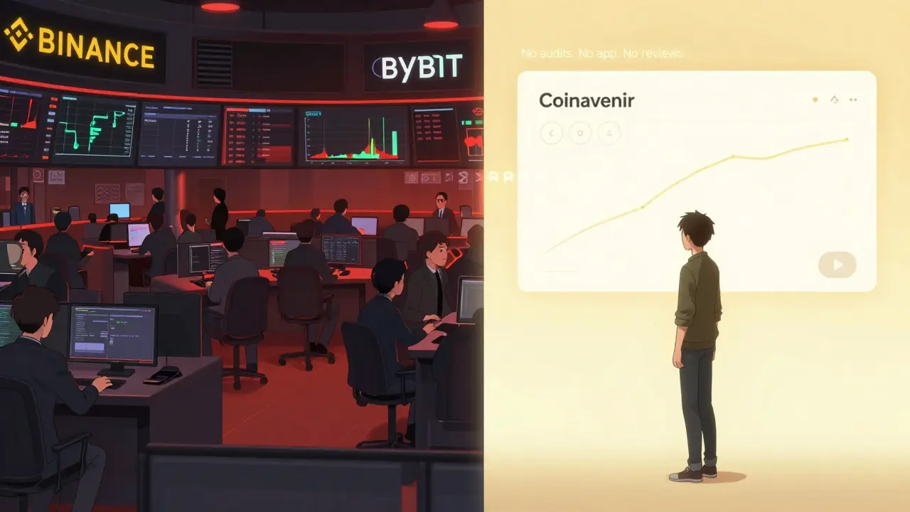 Split-screen contrast: chaotic professional trading vs. calm simple trading on Coinavenir in anime style.