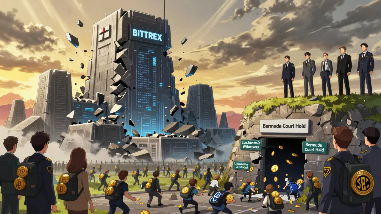 The Bittrex exchange collapses as users flee, regulators watch from above.