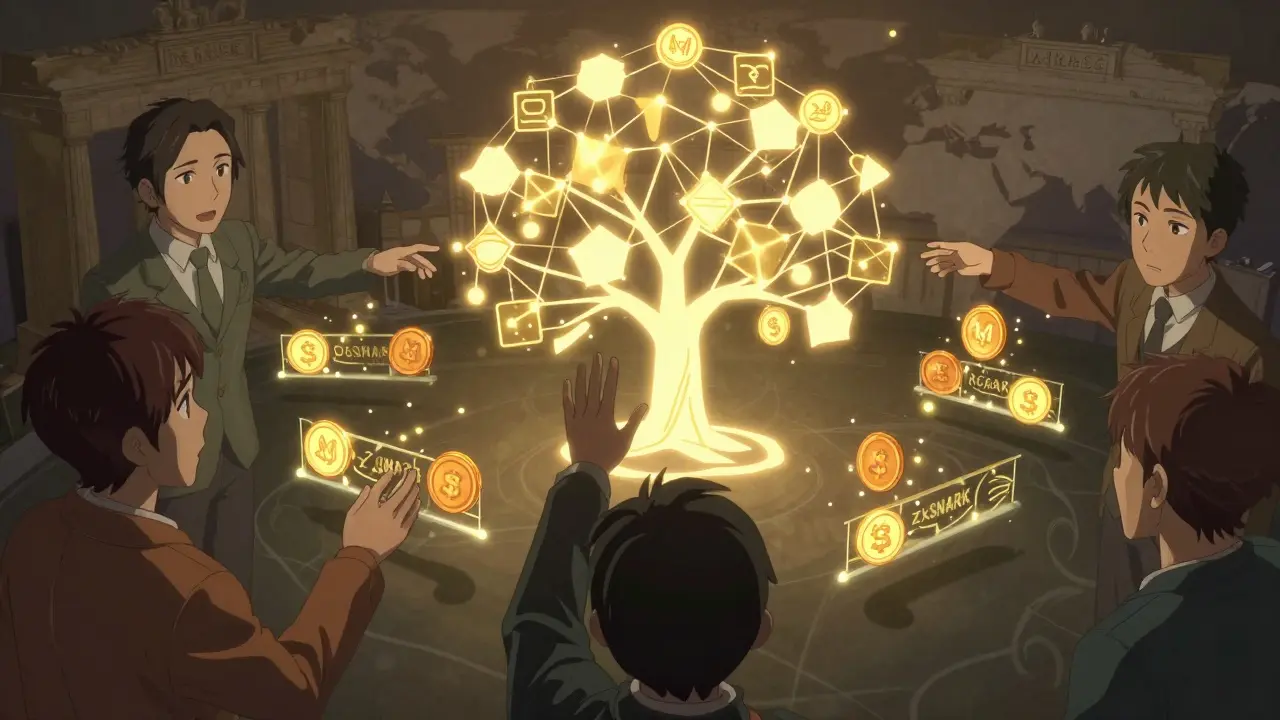 Three users connected by digital threads to a blockchain tree, with MCASH tokens emerging from privacy bridges.