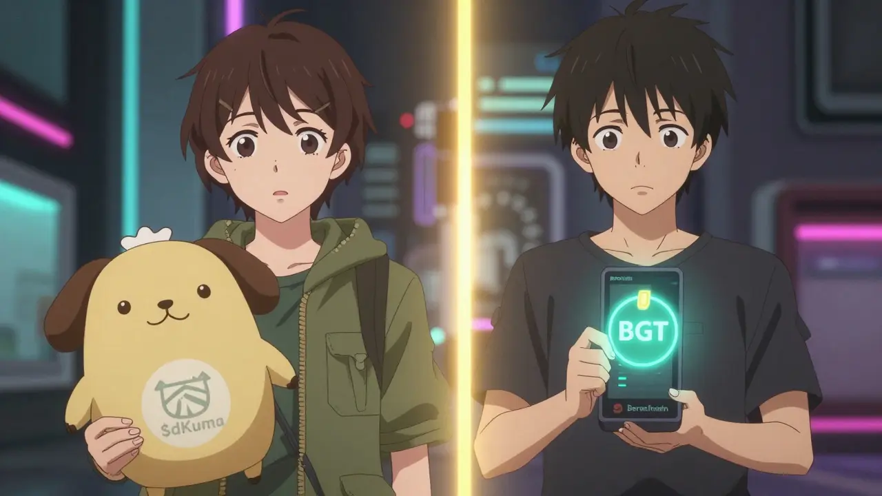 Two characters represent confused crypto projects—one with a Kuma Inu mascot, the other with a Berachain trading terminal.