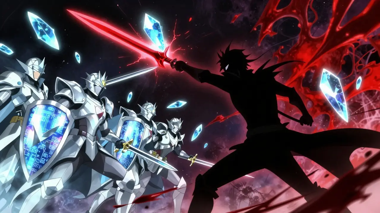 Validator knights defending a shard from a shadow attacker using cryptographic shields in anime style.