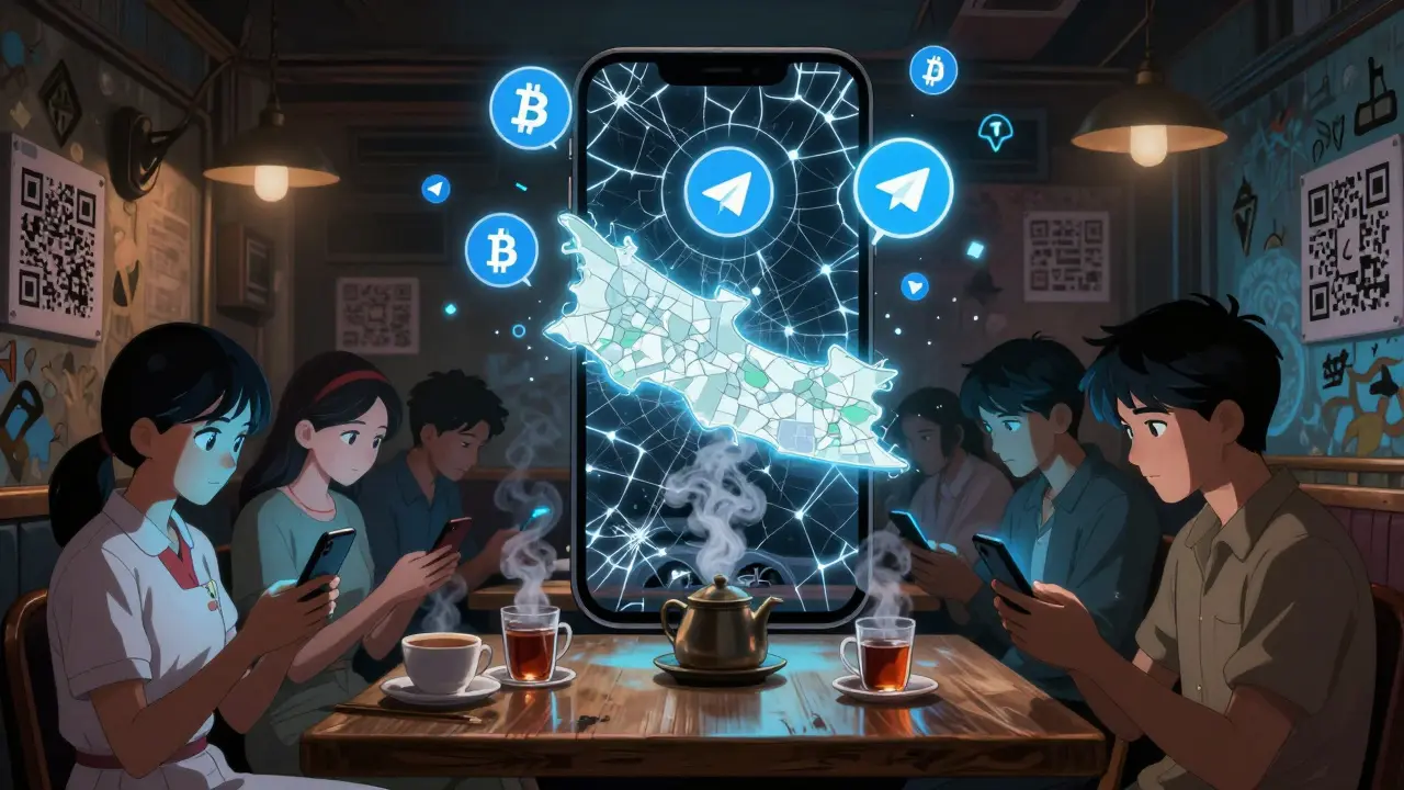 Young Nepalis in a Kathmandu café silently use phones to trade crypto, digital light reflecting on their faces amid hidden blockchain symbols.