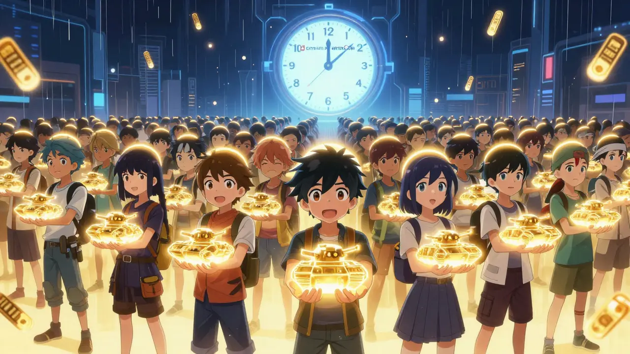 700 players in a digital queue each holding an NFT tank, with CoinMarketCap beacon in the sky.