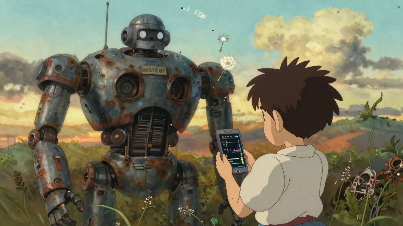 A child holds a broken phone showing a flatline crypto chart as a rusted robot labeled 'DAILY COP' decays behind them.