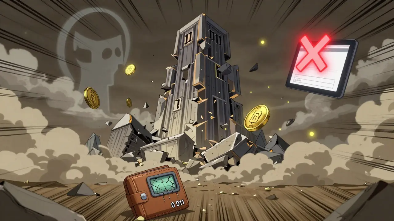 A collapsing blockchain tower labeled D11 with zero tokens floating uselessly nearby.