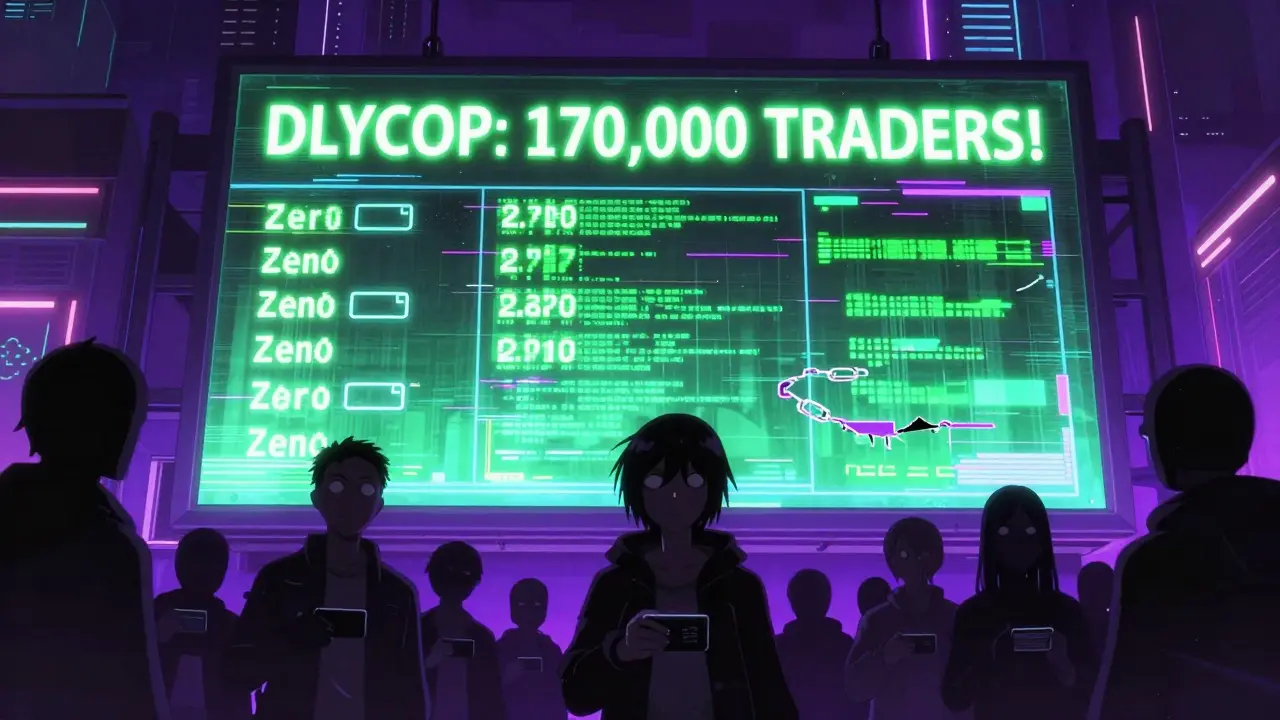 A glowing billboard reads '170,000 TRADERS!' while faceless people stare at empty digital wallets below.