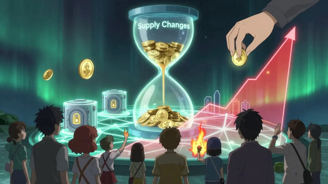 A glowing blockchain network with coins being mined, unlocked, and burned, while a market cap gauge fluctuates above watching investors.