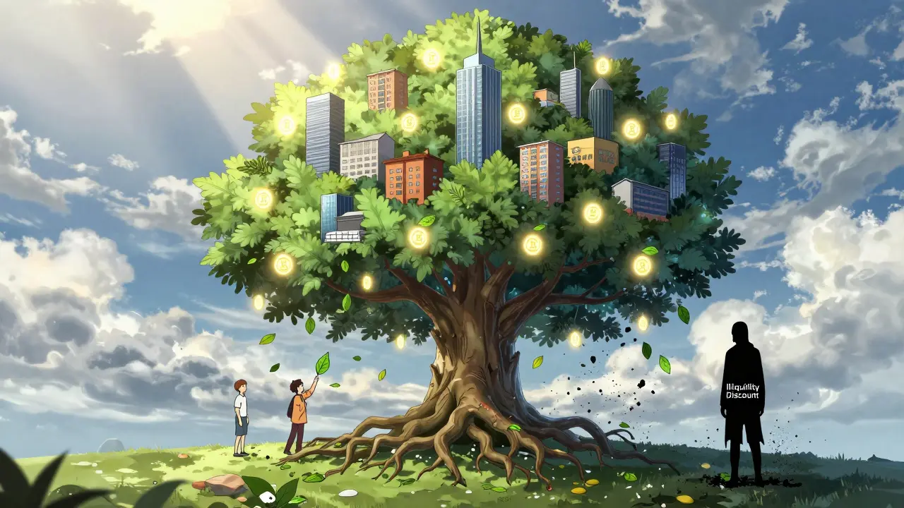 A glowing digital tree of property tokens growing from a blockchain, with investors harvesting and trading them as illiquidity fades away.