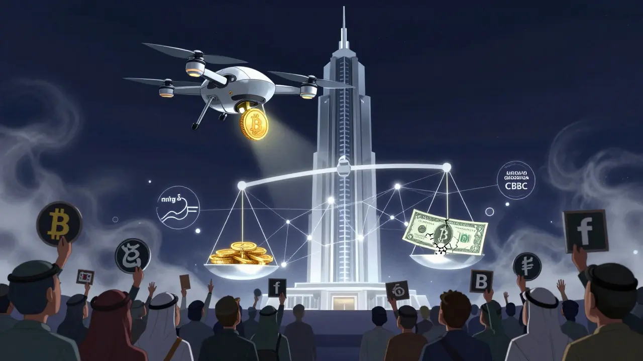 A government CBDC drone delivers digital currency while citizens hold up Bitcoin and NFT signs below.