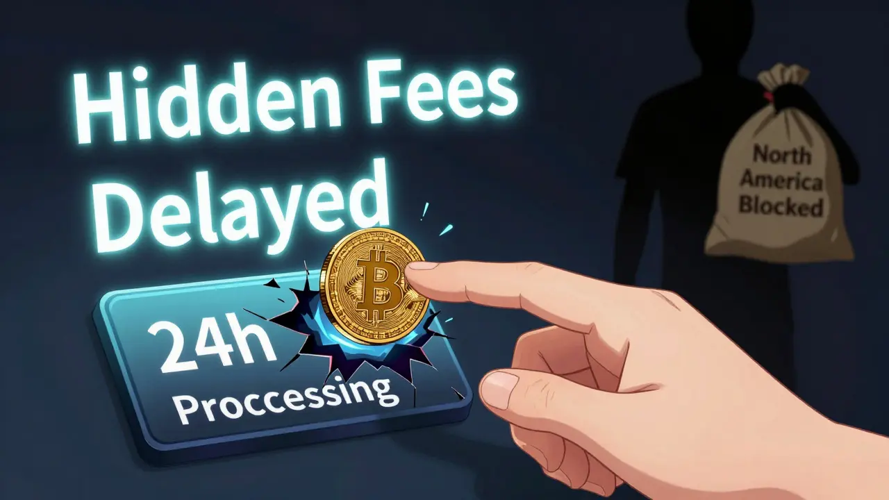 A hand reaching for a withdrawal button that glows with glitchy energy, surrounded by warning text and a blocked region shadow.