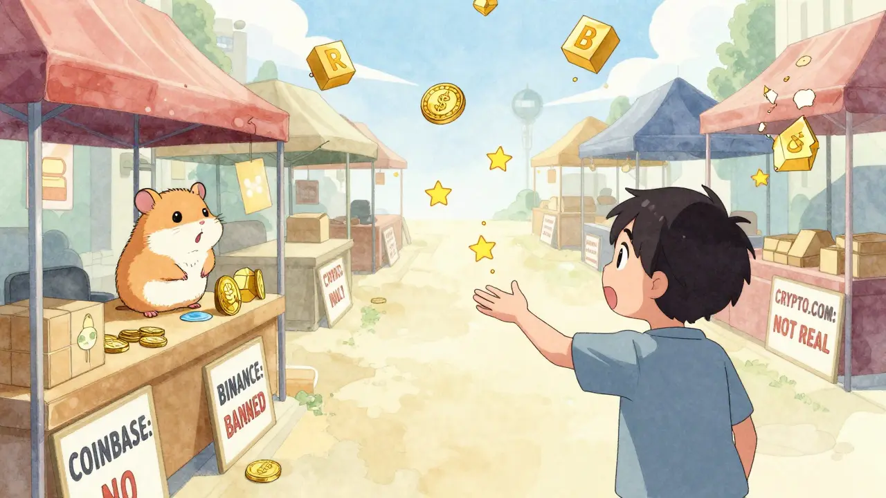 A lone buyer approaches a single vendor selling RINO tokens, with other exchanges marked as banned.