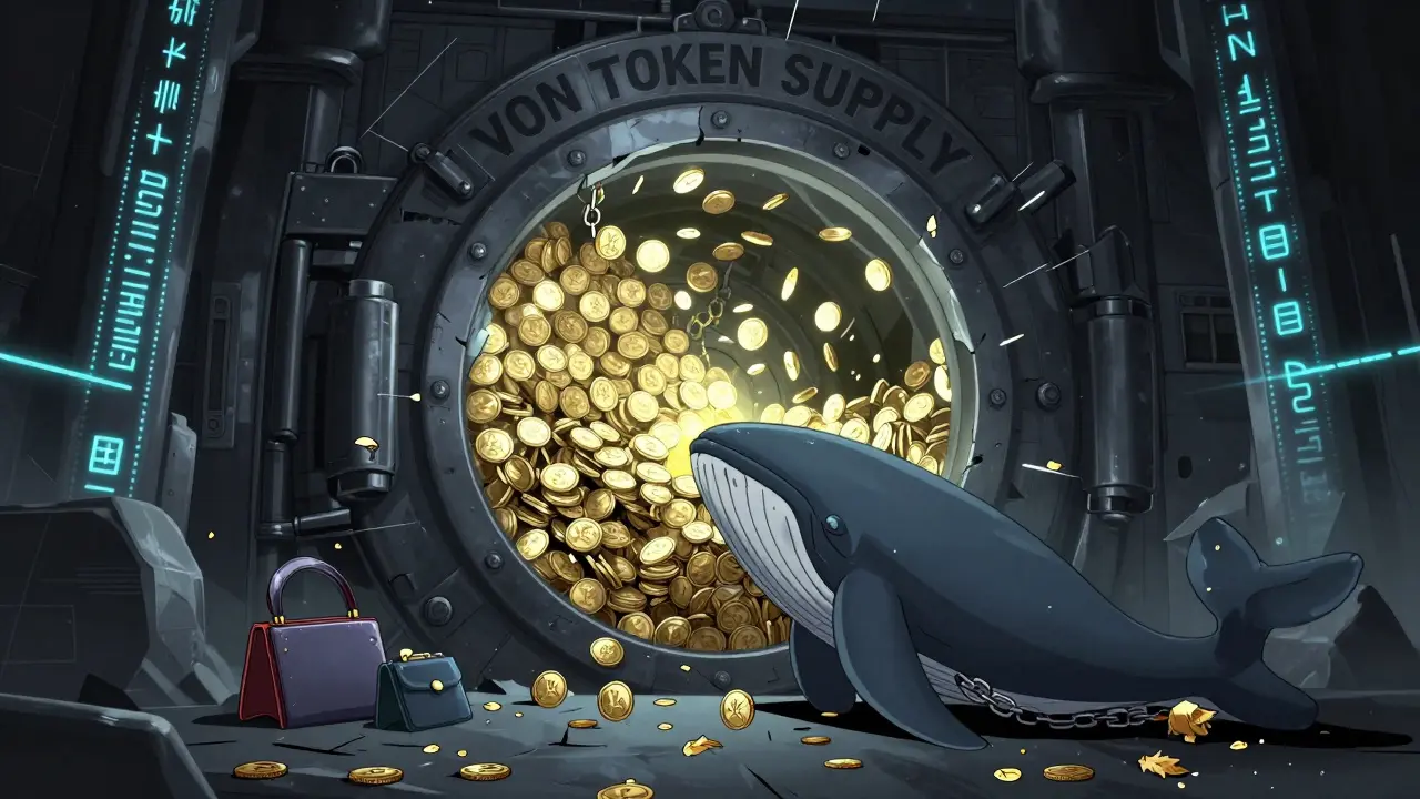 A massive vault of VON tokens with 83% chained to a single figure, while only a few glow as circulating supply.