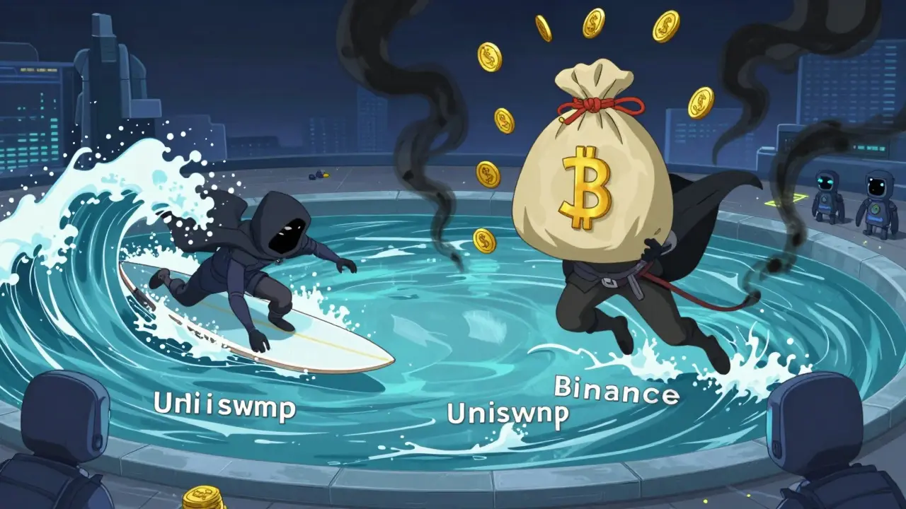 A mysterious figure executing a flash loan arbitrage across decentralized exchanges on a blockchain river.