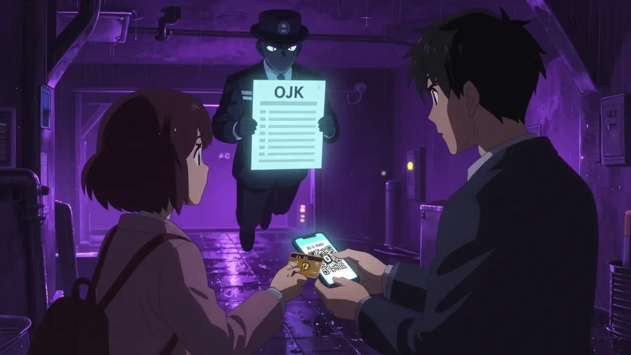 A person exchanging crypto for a gift card as a shadowy regulator watches, symbolizing illegal workarounds.