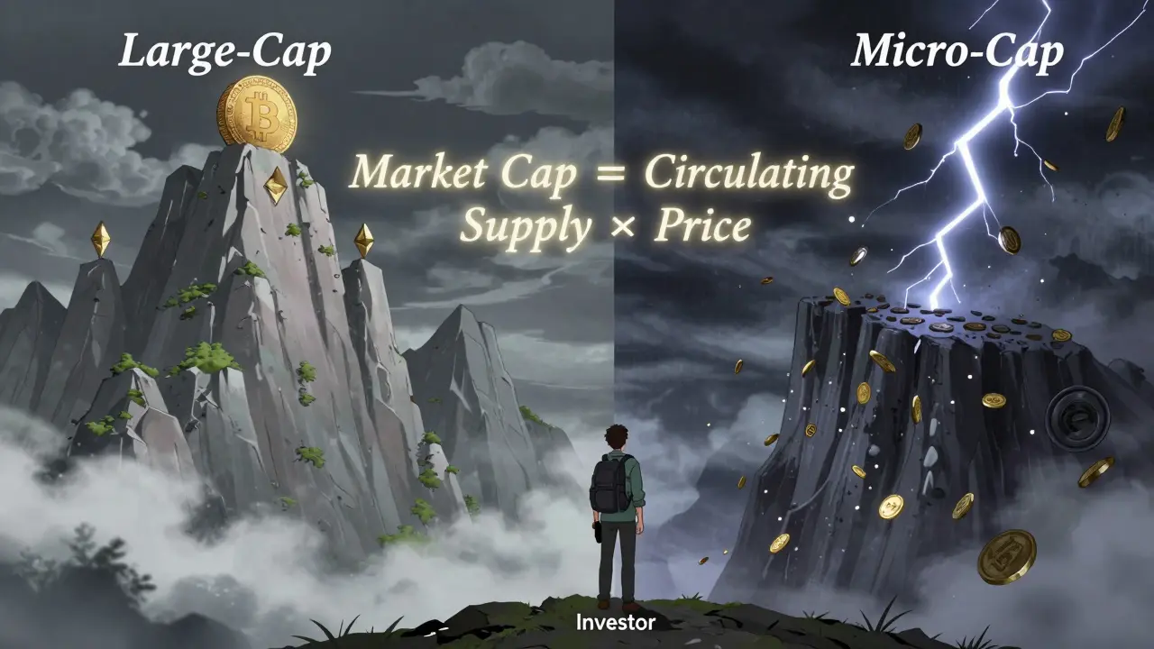 A serene large-cap mountain beside a chaotic micro-cap cliff, with an investor contemplating both paths in a digital landscape.