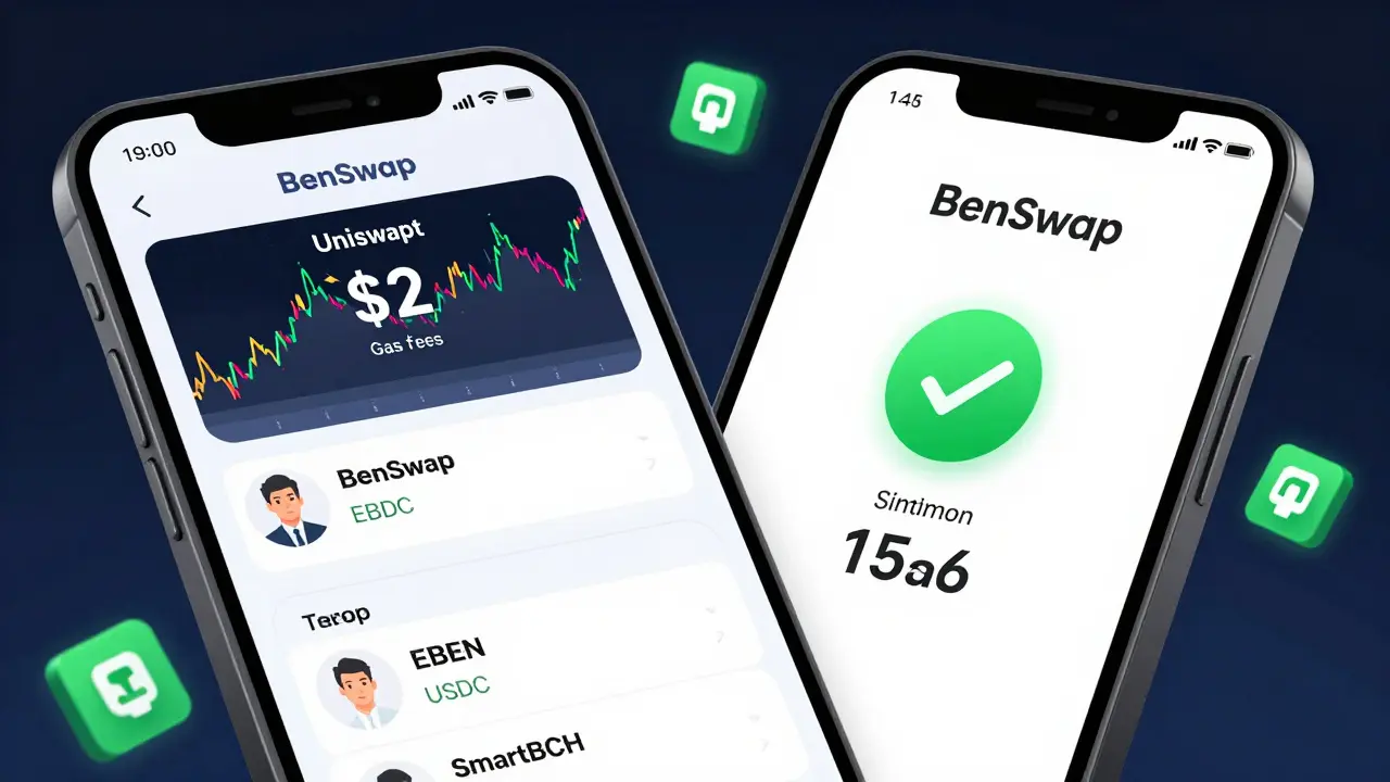 A smartphone screen shows BenSwap’s interface with a split-panel comparison: low-cost trade on SmartBCH vs high-fee chaos on Uniswap.