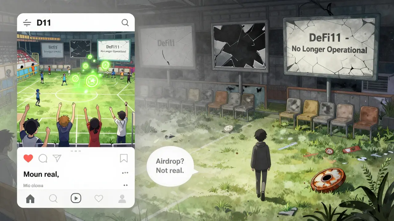 A split scene showing DeFi11's vibrant past versus its abandoned, ruined present.