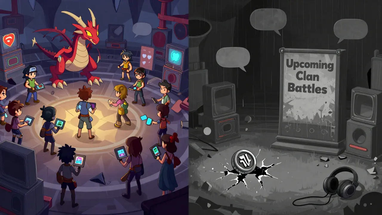 A split scene: vibrant Axie Infinity world on left, desolate dEmpire of Vampire on right with a cracked VON token on the ground.